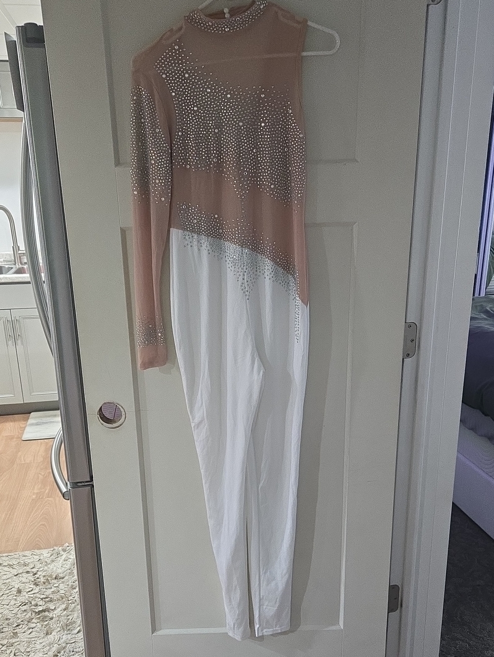 Embellished Nude and White One-Shoulder Jumpsuit